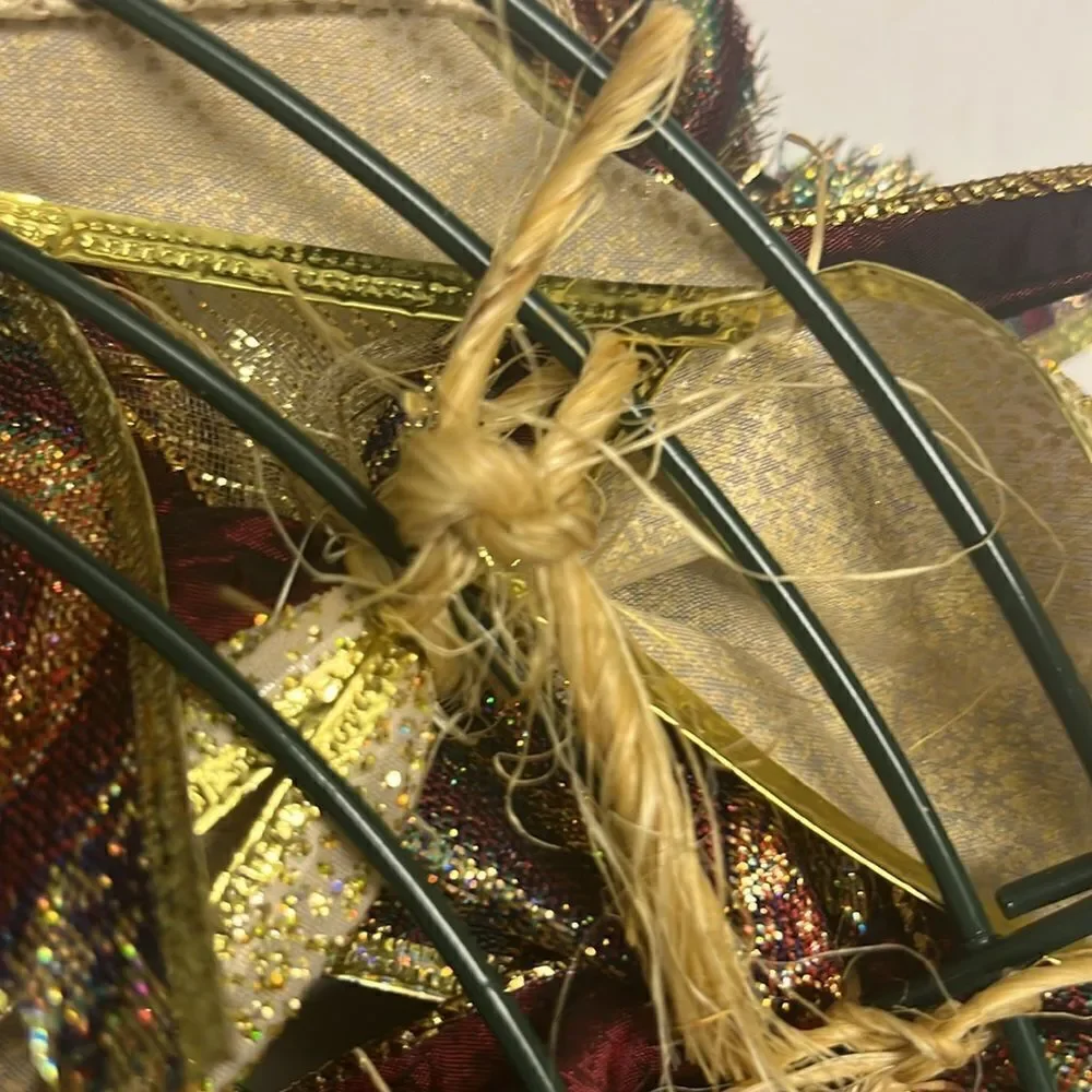 Handmade Dark Red Tan Gold Holiday Christmas Ribbon Twine Wreath Made on 12”